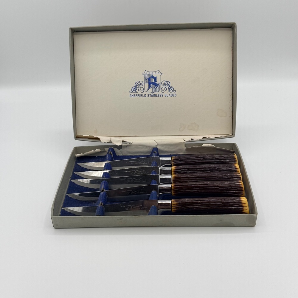 Vintage W. Richardson Sheffield Steak Knives Set of 5 Faux Stag Handles Boxed